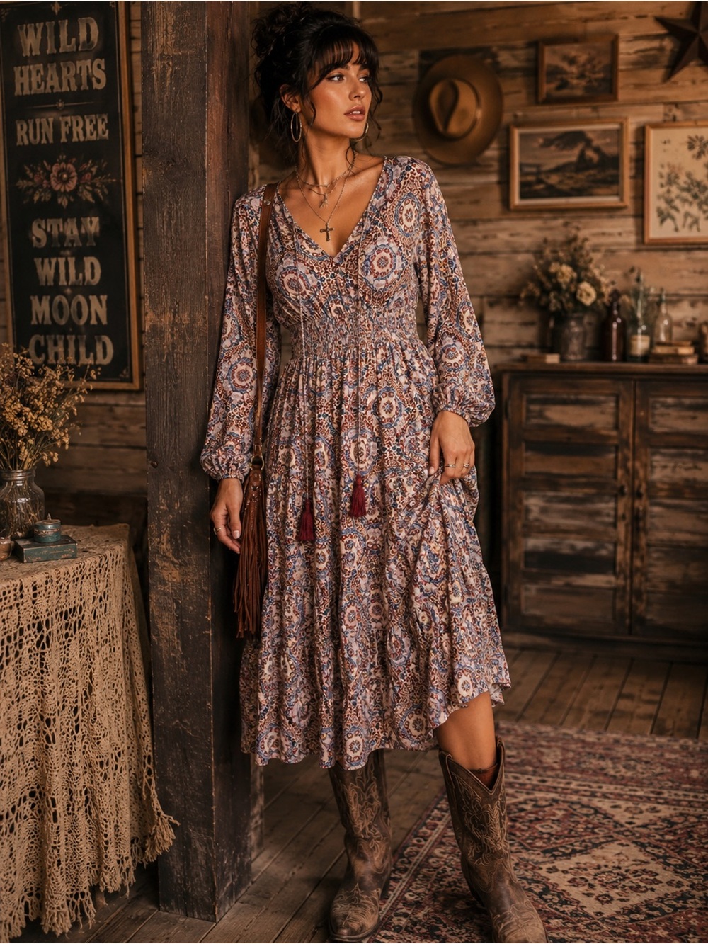 böhme Paisley Peasant Midi Dress Smocked Waist Tassel M Western Boho Desert